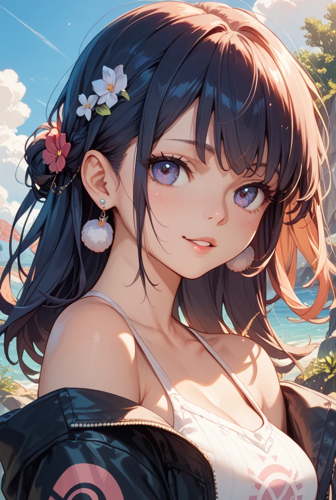 (masterpiece)、(hightquality)、top-quality、realisitic、(realisitic)、ultra-detailliert、(Full Detail)、(4K)、8K、1girl in, Solo, Long hair,(Huge Huge Huge Chest 1.9), Looking at Viewer, blush, Bangs, Black hair, Navel, cleavage, braid, Ahoge, thighs thighs thighs thighs, Outdoors, skyporn, day, cloud, Black eyes, Blue sky, Single braid, ocean,Watermelon Bikini, Beach, thick thighs, braided ponytails,swim wears+(Watermelon:1.4)