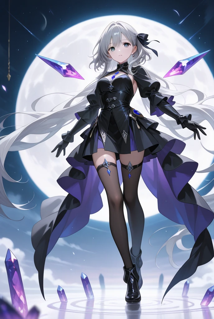1girl, アニメ, cute girl, blank background, white background, fantasy, detailed fantasy dress with highlights, beautiful face, beautiful eyes, dark colors, black hair with multicolor streaks, red eye with different color pupil in eye, multicolor eye, medium breasts, slight cleavage, beautiful skin, cute, breast curtains, extremely delicate and beautiful, (beautiful detailed face:1.0), (detailed deep eyes), symmetrical breasts, deep eyes, shiny skin, portrait, slender waist, hips wider than shoulders, thighs, expressionless, young girl, luminous eyes, adorable，（Kpop idol）,（aegyo sal：1），（Platinum blonde hair：1），（（puffy eye）），Black panty，sexy posture，Superskirt, Ultra-high resolution，Black collar，slim figure, Abdominal y tattoo, womb tattoo，Tight-fitting leg ring，y tattoo on half-body，Bare skin, Armored hand，Hidden fingertips，Hand covered，Arm covered，Fist covered,{{beautiful detailed fingers}}, tufts of hair, moderate beautiful breast:1.0,(masterpiece:1.2), best quality, high-res, HDR, perfect face, intricate armor, delicate blue filigree, intricate filigree, red metalic parts, detailed part, dynamic pose, dynamic lights, cute face, neutral expression, shuimobysim, lotus, Hanfu, maxi skirt, dress conservatively 1girl, 独奏, long blue hair, standing, One lady,14years,((White hair) ,(Shiny purple bodysuit with microskirt),((Fantasy, Moon Night)), gradient_eyes,