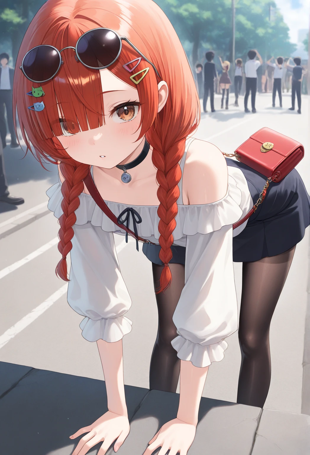 (looking down:1.2)、Striped panties、from directly below、spread leg legs、sit、Looking away、Chat with friends、In town、bustling street、cap、Shoulder bag、mini skirt、Private Server、Girl、Girl、Short、Younger、Baby Face、flat chest、Dynamic Angle、Useless、smile、Both eyes open、Voyeur style