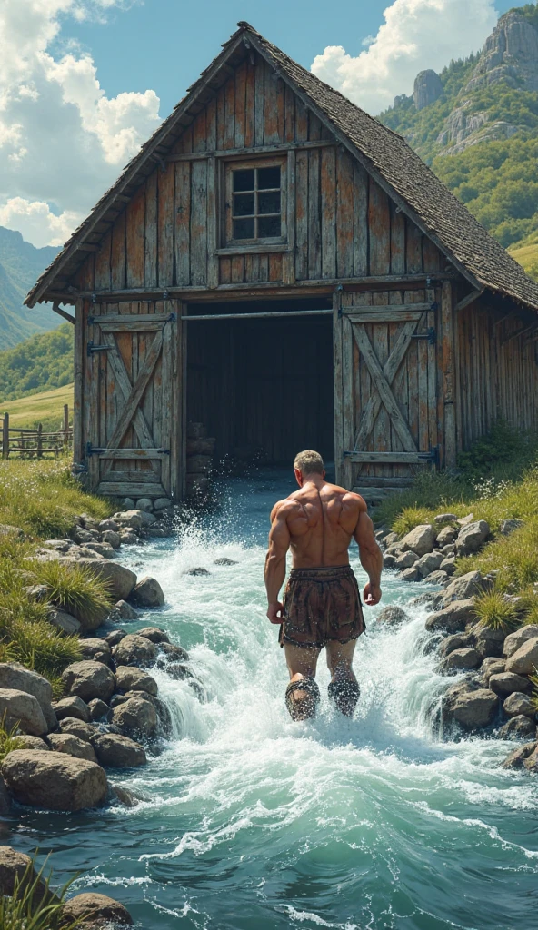 (best quality), masterpiece, ultra-detailed, guy,goatee facial hair, muscular physique,full body portrait,blonde hair,intense blue eyes,stream,forest,hairly chest,loincloth