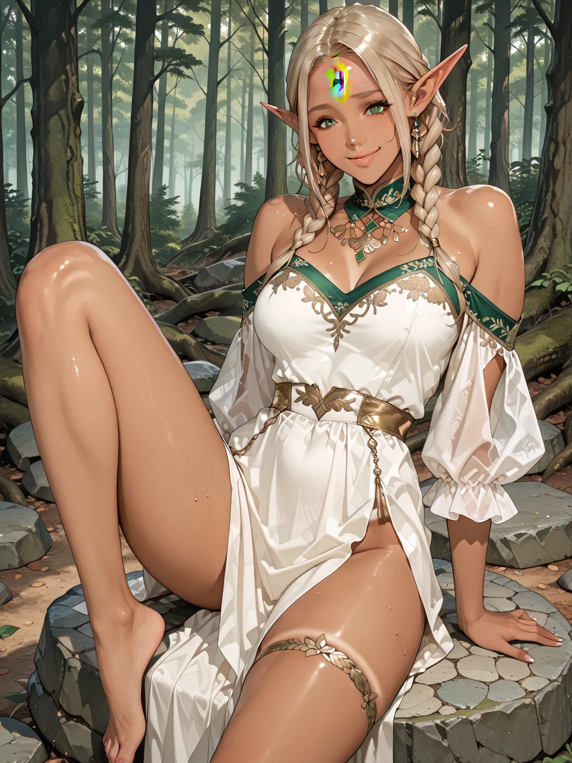 Transport the festivities to a midsummer celebration where elves dance under a sunlit sky, surrounded by fractal flowers and adorned with unique 3D Christmas ornaments, enormous tits, (full body:1.5)