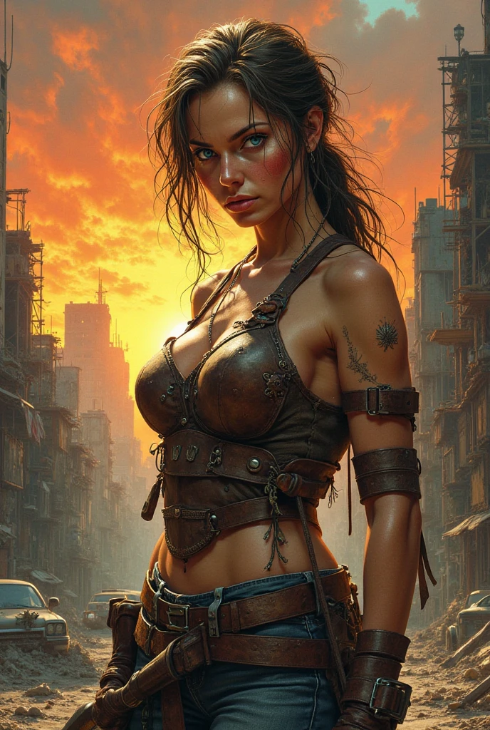1 sexy post apocalyptic Cyberpunk girl, close up cowboy shot, big breasts, ((tattoos on (breasts))), ((skin smeared with dirt, ((oil)) and blood stains)), wound on body, holding big guns,arms and shoulders covered with rusted random guns, detailed angry Asian face, slave collar and chain around neck, (NSFW), futuristic, mechanical aesthetics, complex machinery, high-tech futuristic (ruined post apocalyptic) Cyberpunk city in the background, virtual engine 5, cinematic lighting.