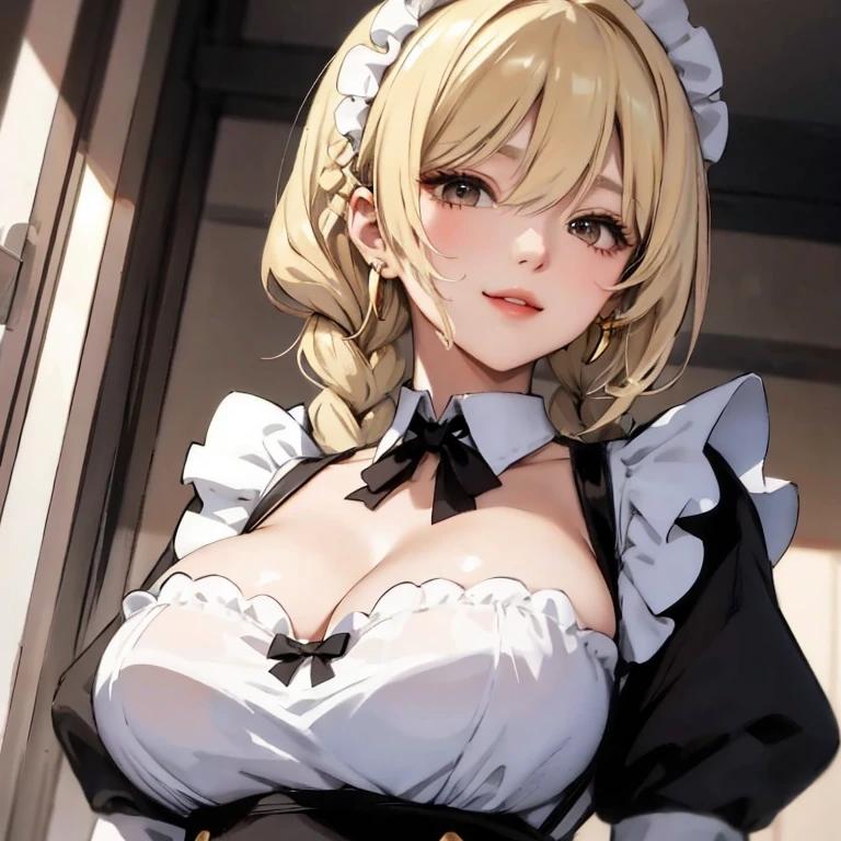 One Woman、beautiful girl、maid、20-year-old、blonde、ponytail、Western-style building、maidの、頭にmaidカチューシャ、Short skirt、Black Pantyhose、Ultra-high definition image quality、Highest quality, smile,Big Breasts、Very large breasts、Sit on a chair、Crossing your legs、Sit with your legs apart、Poses that accentuate the chest、Squint your eyes and smile、Breast augmentation、Lean forward