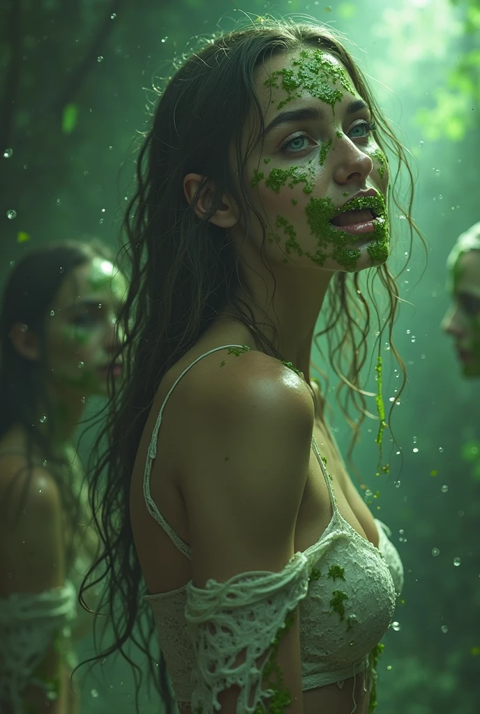Hyperrealistische Fotografie, zwei Frauen in white wedding dresses soiled with mud, die beiden Frauen umarmen sich, offener Mund, knallroter Lippenstift, high heels smeared with mud, chocker mit Schlamm verschmiert, Décolleté smeared with mud, Schlammspritzer im Gesicht, das Gesicht ist mit Schlamm verschmiert, 30-year-old women smeared with mud, Lena Meyer Landrut, unterbrust corset mit Schlammspritzer, schwarze lockige Haare mit Schlamm verschmiert, das Korsett ist mit Schlamm verschmiert, High quality, realistische Beleuchtung, Bildmitte, 8K, HDR, BDSM, medium breast size, lange Beine, professionelle Fotografie einer Frau, natural skin texture smeared with a lot of mud, 4K-Texturen, Adobe Lightroom, Fotolabor, HDR, kompliziert, elegant, sehr detailliert, scharfer Fokus, wahnsinnige Details, komplizierte Details, hyperdetailliert, Helles Kinolicht, Außenatmosphäre, Kinn hochgezogen, (exponierter Bauch: 1,8 )