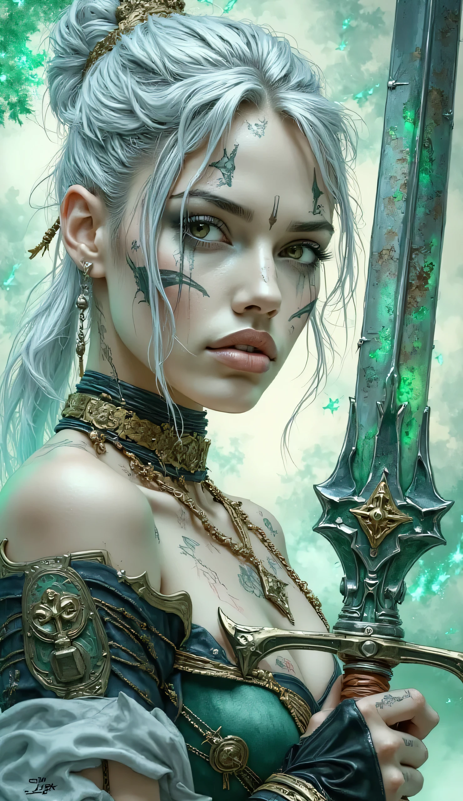 Comic art. Score_9, score_8_up, score_7_up, ((highest quality)), ((masterpiece)), (be familiar with), Perfect Face, (High definition), (Best Shadow), 8k, cinematic, (Re(masterpiece, best quality, raw photo, photorealistic, high resolution, exquisite details, reflection, HDR, 8K resolution, ray tracing), (soft lighting, studio shot, simple background, white background, blurred background, dynamic angle, bokeh background, rating_explicit, perfect hand according to , slim body beauty, young girl, detailed face, ), Close-up (half-bust) of an ethereal and powerful fantasy warrior, with pale skin and white hair gathered in a complex hairstyle. His face and body are adorned with intricate, detailed tribal or symbolic tattoos of light gray color, that almost blends into her diaphanous skin, suggesting a mystical or magical connection. Her eyes are intense and determined, conveying strength and wisdom.
She wears a flowing, light white dress(deep V), transparent and elegantly draped around the body, with details of thin golden chains that act as decorative and functional elements, as part of an armor. She has black fingerless sleeves that cover her forearms, adding a contrast of color and a practical touch.
written in the right hand , she wields a massive, ornate sword, whose blade appears almost translucent or made of a magical material, reflecting an ethereal light. The sword is held in a defense or preparation for attack pose, suggesting that she is a skilled fighter and ready for action.
The background is intentionally blurry and hazy, with green and blue tones that evoke a stylized natural landscape, perhaps a mystical forest or ethereal sky. The lighting is soft and diffused, helping to create a dreamlike, magical atmosphere.
The art style is that of a detailed fantasy illustration with a pictorial and slightly watercolored touch, inspired by the style of Luis Royo for his ability to create powerful and atmospheric fantasy figures with a sense of realism and magic.
.