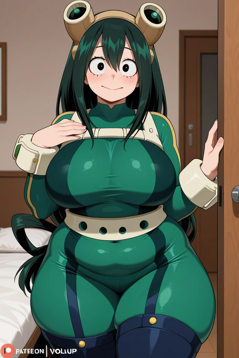 From below，Woman in dark green tight latex clotheyself，Stand up，Hands were hoisted，（（gigantic cleavage breasts）），Huge stacked breasts，The kinky  exposed ，The kinky  exposed ，（Surreal breasttremely full breasts）），（（Super large）），Big belly，（（（Extremely large breasts））），worried expression，seductiv,