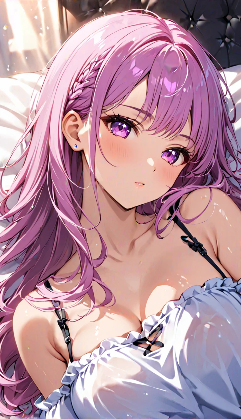 a little lovely ??? girl，redish pink lips，Wearing a bright white shirt，Pastel palette aurora punk style，Anime illustration of her face，Animated GIFs，hand-drawn animation，Captivating sketch，Smooth and shiny，Hazy romanticism，Super Flat Style,White background -- ar 1:1--niji 5--style expressive--s 50，(cleavage:1.4)，(Large breasts，The shoulder straps slip off)