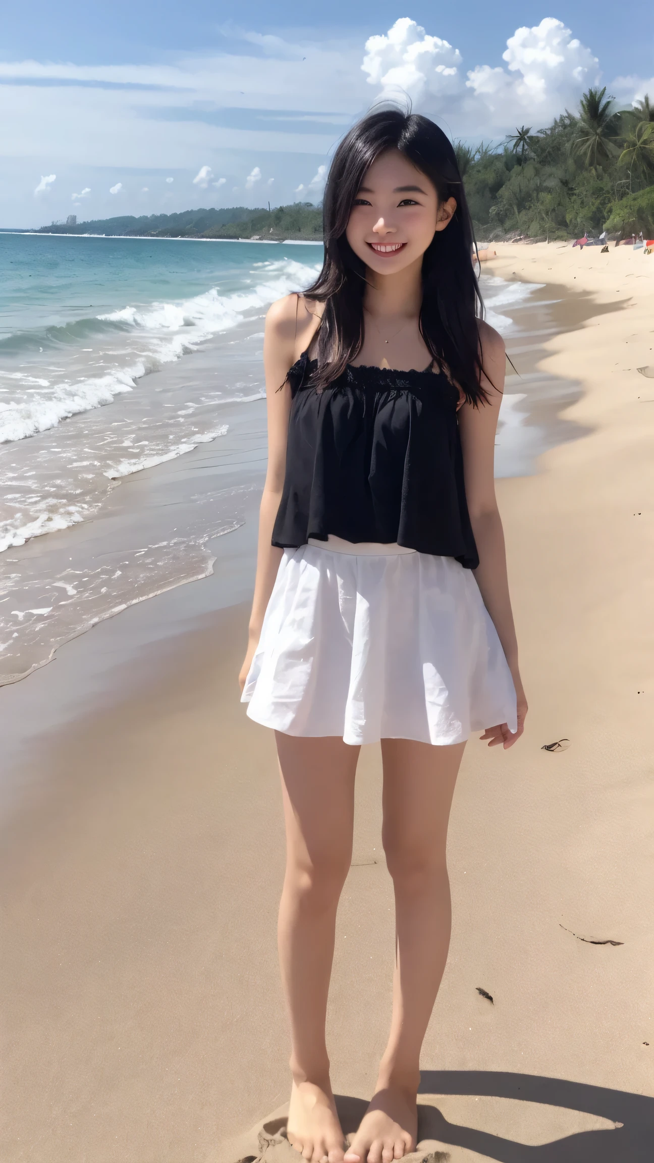 　(((Japanese)))　((((One 9-year-old girl、solo))))　whole body写真　Full Shot　　Short Hair　whole body　Thighs 　Casual wear　濡れてSee-throughる服　Tank top　((濡れてSee-throughる))See-through short skirt　cute　(Shy)　Sandy Beach　((See-through))　Sitting cross-legged　Shot from between the legs　