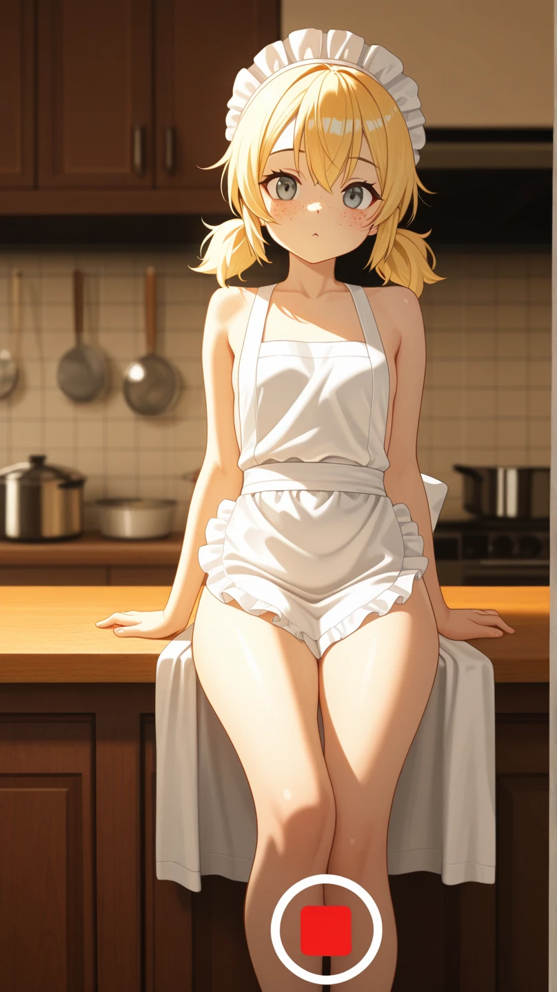 (anime style),masterpiece, best quality, extremely detailed,10Year old,tanned skin,dark skin, Beautiful body,small breasts,BREAK,multicolored colorful blonde hair,short hair,hair slicked back,BREAK,black eyes,wedding ring,shy smile,open mouth,half closed eye,detailed lips,open legs,BREAK,cotton black big ribbon,BREAK,yellow a sweater with vertical stripes,kitchen apron,striped_bikini,off shoulder,navel,break,head tilt,in the kitchen,have a cream pie,put one knee on the chair