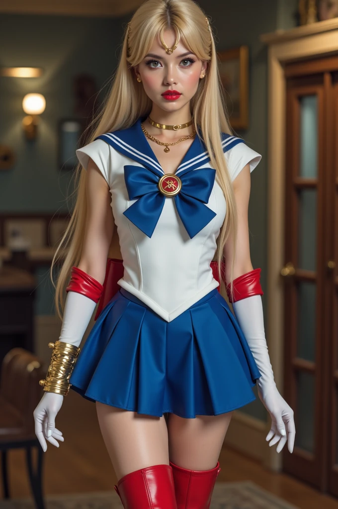 photography, best quality, ultra high res, photorealistic, dark, asian, sailor moon, sailor moon dress, high boots, red boots, sexy, blonde hair, blue eyes, medium breast, amazing body, pronounced feminine feature, realistic legs, in full growth, insane details, intricate details, night street