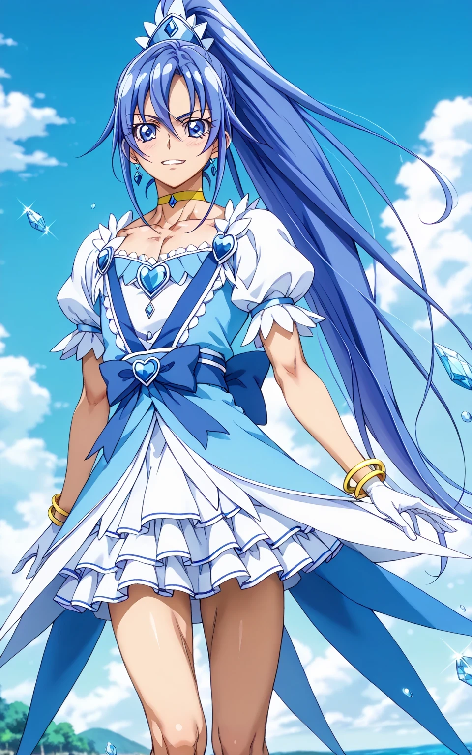 score core 8 up、score 7 up、source anime、傑作、Best quality、Best resolution、Best image quality、anime coloring、anime screencap、1boy、cure diamond is a boy、(male:1.5)、solo、boy is wearing a blue dress、long blue hair boy、sparking blue eyes、high long ponytail hair、dia shape hair ornament、solo、sapphire prince、anime prince、 blue mini skirt、collarbone、trapezius、white puffy sleeves、yellow neckwear、yellow choker、white gloves、yellow bracelet、blue waist bow、bare thighs、bare legs、thigh muscles、semitendinosus muscles、hamstrings、adductor magnus muscles、white high heels、official character art、style of magical boy、masculinization、magical boy、 official fan art、 !!Full body portrait!!、 magical boy style、 王子としての王様讃美歌、 MLP fan art、cure diamond outfit、official anime style、official anime artwork、詳細な fan art、 magical aura、 blue ice aura、Best resolution、commission for Best resolution background!、boy is wearing a blue dress、boy wearing white high heels、anime boy is wearing a nice dress、(manly:1.5)、official art、anime boy、male focus、looking at viewer、solo focus、cowboy shot、(male body:1.5)、