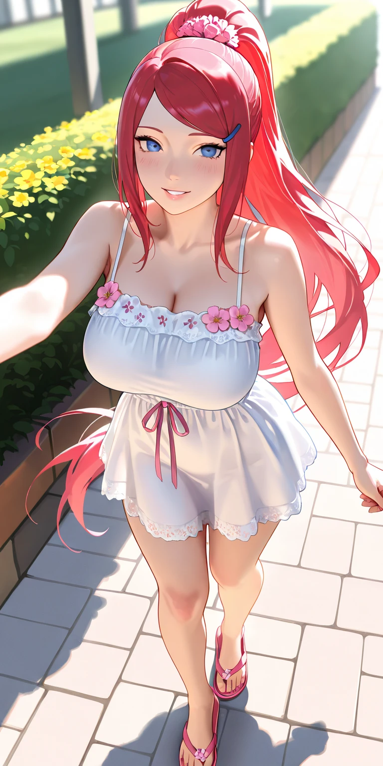 1 girl, 19 years old, Long pink hair, green eyes with slit pupils, master-piece, best quality, (standing up), (short dress), (floral, spaghetti strap, short pink summer light pink dress, no slit),  (Big , ultra gigantic , Super super big, Glamorous body), Make eye contact with the camera, front figure, looking forward, (light_Smile:1.5), (Detailed hands and fingers:1.2) (In the sunny park), (FULL BODYSHOT), thighs thighs thighs thighs、beauty legs、Bare legs