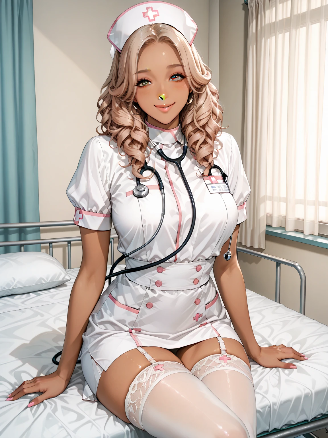 ((masterpiece)),(((best quality))),((character design sheet)),((rough sketch)),((vulgar)),(magazin cover)thick thighs,african girl,smile,((between breasts)),pussy juice,((wearing an Wet sexual nurse uniforms and nurse cap)),shirt harf lift,milking