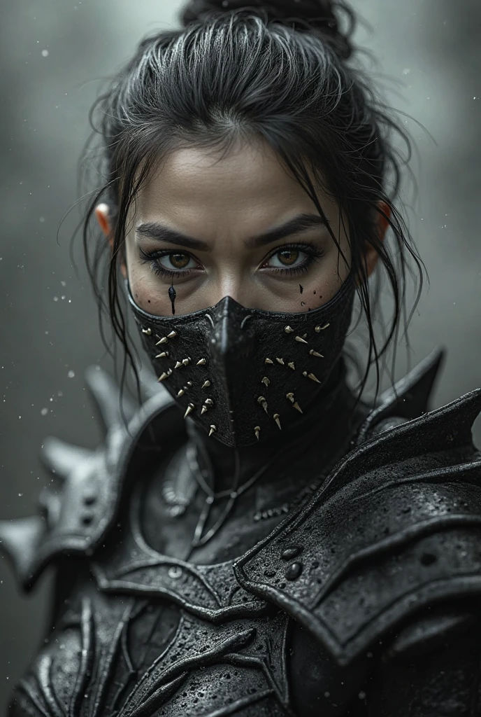 a warrior woman, metal armor ninja still, fabric ninja mask, fantasy still detailed eyes, (highly detailed skin:1.2), ((best quality)), (detailed), 8k uhd