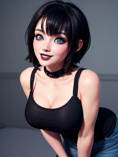 Chibi girl blue eyes short black hair with bangs style bob standing perfect detailed photography, bigger upper breast stunning body display 1.2 nudes, makeup gothic 