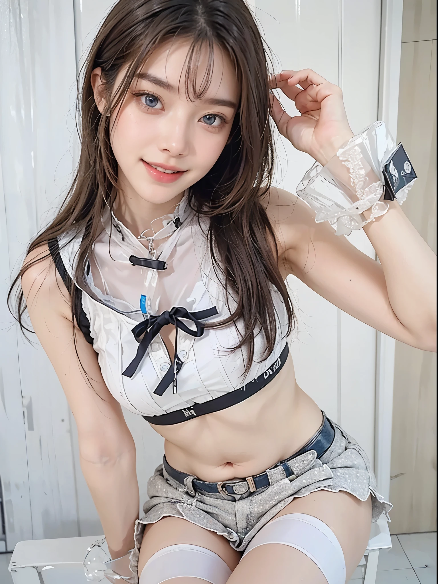 one-girl，Kneeling on the playground after school，（（with whole body visible）），far from viewer。
She is a beauty，prette，adolable，adolable，年轻，Teenage uncensored。
She was obese，（flatchest），（small boobs），（little breast）。
She was sweating，Wet pubic hair，drenched all over the body。clothes see-through，Sweat on the skin，Wet hair。
She grinned，Laughing。She looks natural，unwind，Plain。
Scheming face。Grimacing。（Stick out her tongue），Tell a secret，Hide a secret，is shy，exhilarated。
She stared at the audience。
She wears a black ponytail。
she wears a school uniform，A rolled up white shirt with a blue collar，Under the shirt is a colored corduroy sports bra，blue short pants，Wear two layers。Fat belly
Shirt lift， .（（（（She lifted her shirt，Reveal the sports bra underneath）））。
The camera focuses on her face，light shining on face，Very large aperture，（（f/1.2）），with a shallow depth of field，The background lens is blurry strongly，ISO 3000，automatic white balance，
extremely detaile，profesional lighting，the soft light，RAW photogr，Uniqlo fashion model，
best qualtiy， tmasterpiece， Award-winning photography， hugefilesize， 8K， A high resolution，
Shot on a Sony DSLR。