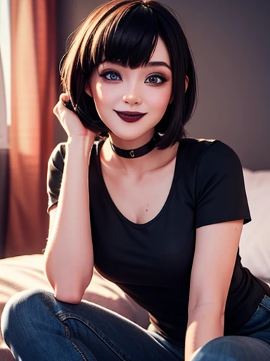 photorealistic,(best quality:1.4),(shiny skin), body focus, (((best quality))), illustration, ((Beautiful Finger)), , Beautiful body, Beautiful character design, ,perfect lighting, Colorful, Bright_Front_face_Lighting, ultra high res, highres, absurdres:1.2, bokeh:1.2, lens flare, (vibrant_color:1.2), (Beautiful, medium breasts:1.2), (thick thighs:1.1), THICK,
small nose, long black hair with pink hair clip, goth outfit, cleavage, looking at viewer, smile, pink blush on cheeks, large blue eyes, white left eye with black pupil visible, short hair, 20 years old, shot from below, on all fours