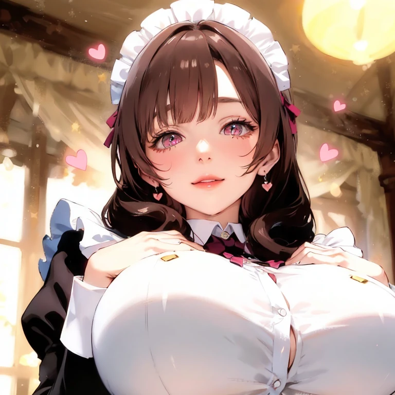 NFSW, Semi-nude、Half-naked、Beautiful detailed portrait of a girl with big eyes, Fuller lips, Smiling Kindly, Long eyelashes, Show off your, Large areola, Erect thick and large nipples, Upper body naked, Take off upper body, areola squirting, Milk squirting, milking, Feeding Bottle、Wearing a frilly maid outfit of random colors, tihn fabric clothing, (highest quality,4K,8K,High resolution,masterpiece:1.2),Super detailed,(Realistic,photoRealistic,photo-Realistic:1.37),Highly detailed face, Medium Hair, Intricate details, Vibrant colors, Dramatic lighting, Structure of the film, Anime-inspired art style, Many moles on chest, wet nurse, ((cum shoot))