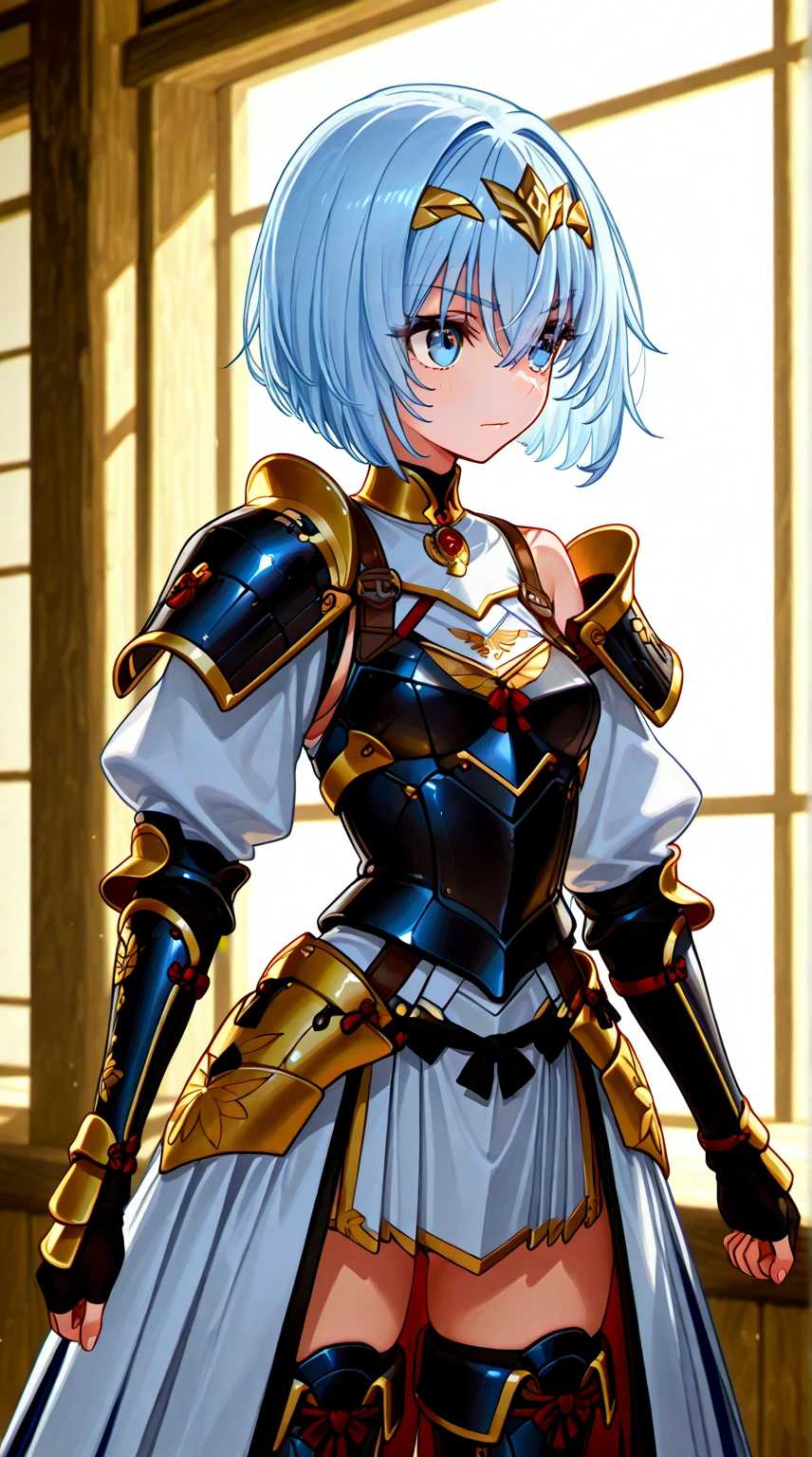 (ultra high res, ultra detailed, high resolution, highly detailed, 4k, 8k),(masterpiece), professional animation, 1girl, solo, projected inset, kitchen, day, arm support, nervous,<lora:EPsoaSinon-14:0.7>, EPsoaSinon, parted bangs, bald, nihongami, aqua hair, detailed jewel-like eyes, hair between eyes, (hair ornament:1.2), hairclip, <lora:Armor:0.9:TT>armor, decorated armor, fighting stance