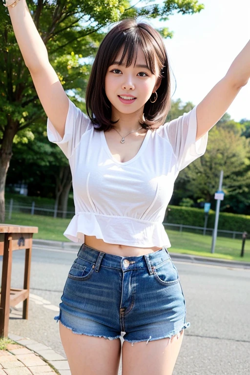 8K,masterpiece,Japanese,,from the front,smile,cute,Innocent face,Innocent,Kind eyes,Childish,Plain T-shirt,Short sleeve,Shorts,semi-long,Hair blowing in the wind,Black Hair,Somewhat strong wind,noon,bright,M-shaped feet, (Large Breasts:1.2),(Emphasize the chest)