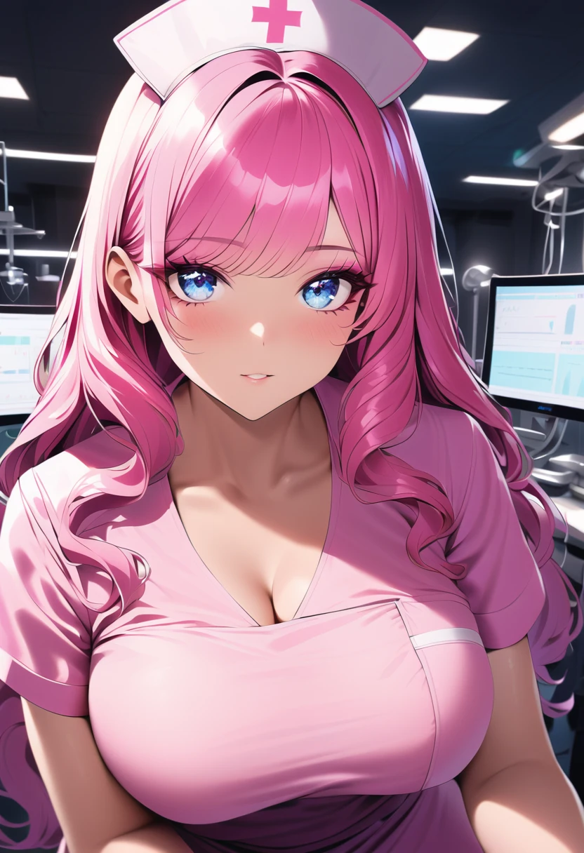 woman in a suit, short pink hair, green eyes, cleavage