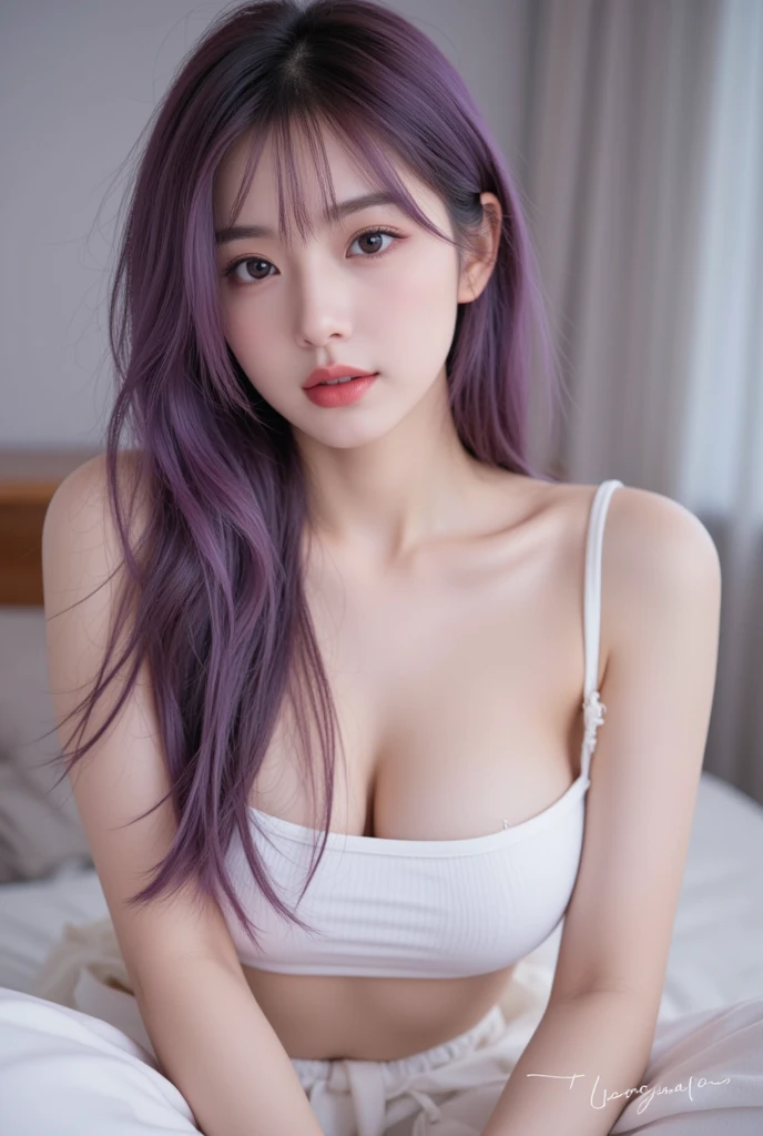 mid shot, white Asian woman, (long black and purple hair), (sexy outfit), (detailed face), beautiful eyes, lips, nose, (detailed skin), beautiful facial features, sitting in her room, detailed furniture, natural lighting, high quality, ((photorealistic,extremely detailed) ,8k,masterpiece,bright colors, cinematic lighting, ((no blurry))