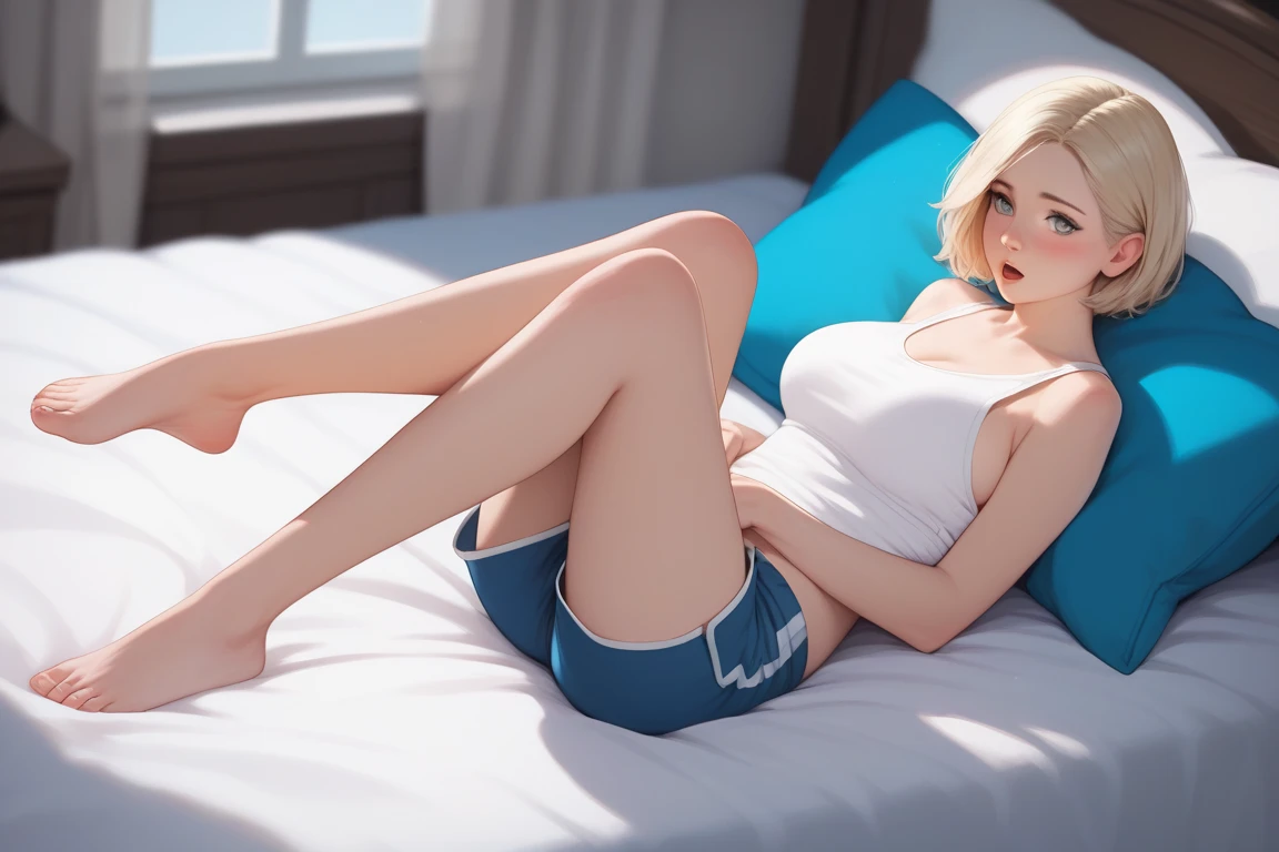 blonde woman, short hair, long shirt, wearing shorts, exasperated, lying on sofa, talking on the phone