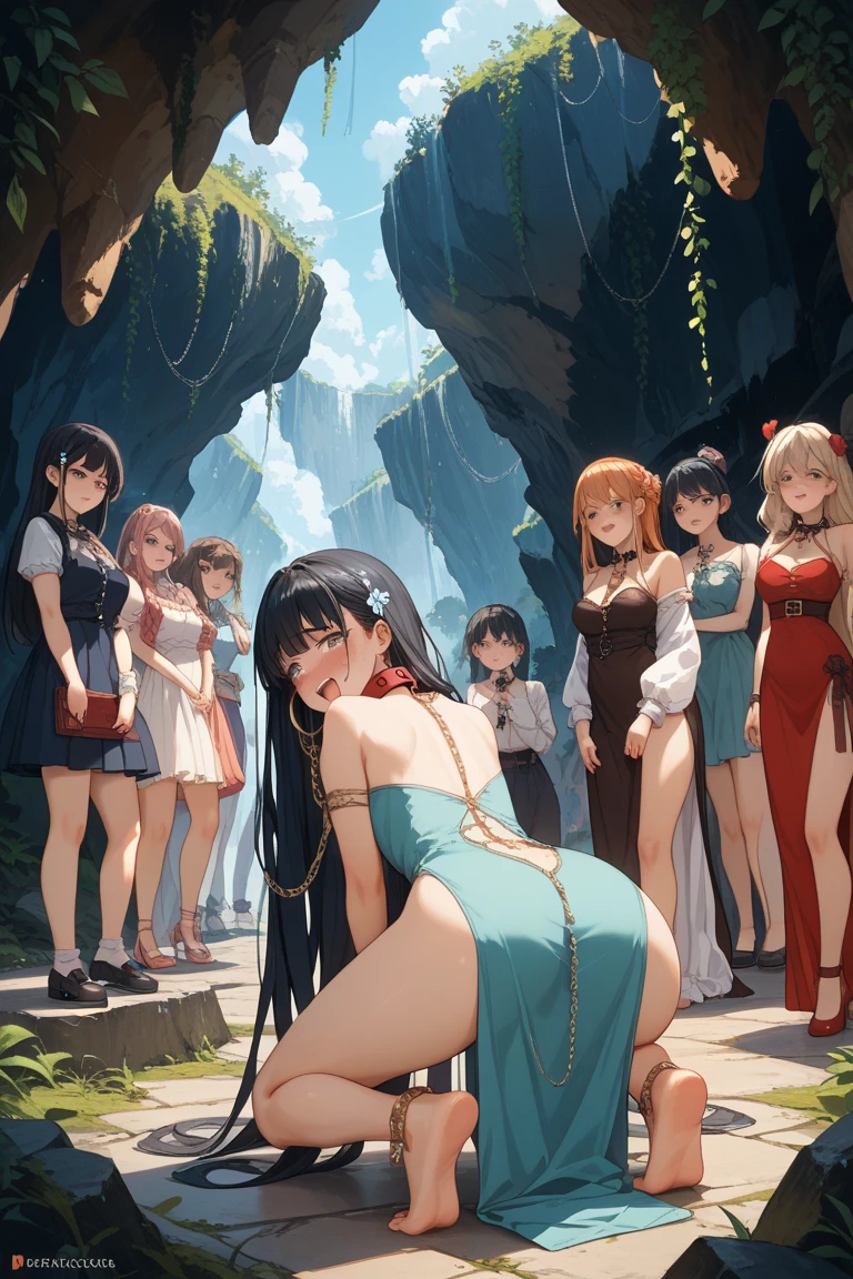 A group of female medieval fantasy adventurers, (in medieval public bathhouse), various hair styles, harem, night, detailed faces, seducing, wearing sexy thong, midriff, wrist guards, topless exposing breasts and nipples, waterfight, surprised expression, changing clothes