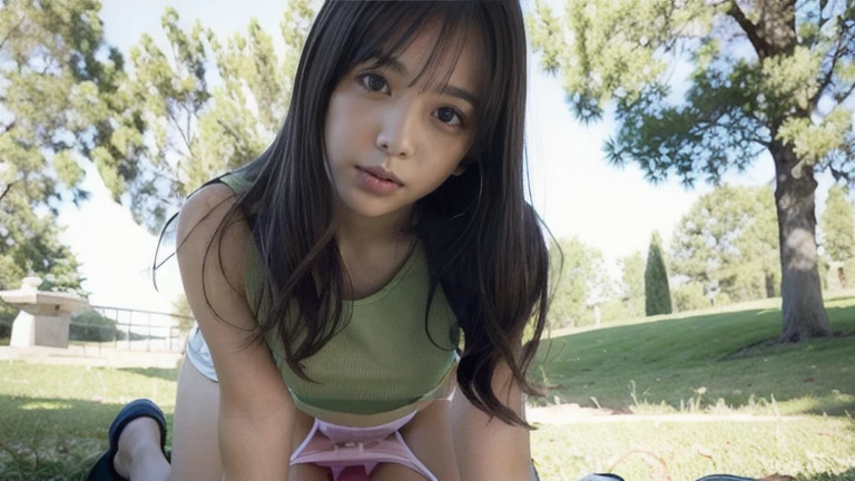 (8K high resolution), (Highest quality), (RAW quality),(Tabletop:1.2), (Realistic), (Realistic:1.37), ,Big eyes,Long eyelashes,（Live-action realistic style）,The ultimate face,Realistic Light and Shadow,Distinctive facial features,,Fair skin, ）,Best Portrait,Close-range shooting, 1 girl, cute,Beautiful attention to detail,Highly detailed skin,(Beautiful face with double eyelids), (realism: 1.4),((Full body image))  ,Quality and beautiful face,(Beautiful Face 1.4),Medium Hair,((Naked Japanese Junior High School Students)),(Make eye contact with your audience),(Laugh a little),In a park rich in nature,Sit upright on one knee.,Her skirt is rolled up.、Panties are perfect..,Pastel colored panties,I love showing my underwear to the audience,Show the audience your panties,(Japan Uniform),A beautiful face reflected in the light,Red lipstick,Dragging around the eyes,Very beautiful legs are attractive,A very bright world、((Flat Chest))、((Small Tits))、((Slightly larger breasts))、((Still a young body))、((Skinny girl))、((14-year-old junior high school student: 1.4))、((Petite Girls))、((Junior high school girl))、((Delicate girl))、((14-year-old girl))、((Wear loose socks))、((White loose socks: 1.3))、((Junior high school girls))、((Pastel colored lace panties are visible))、((Gal Makeup))、((Young and beautiful pink nipples: 1.3))、