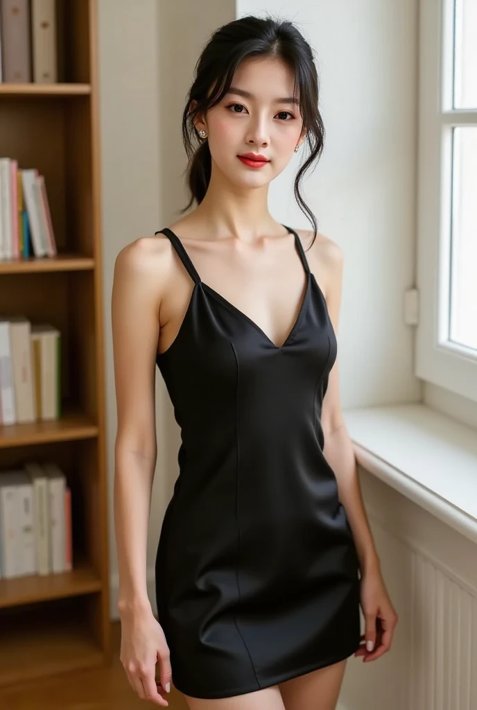 ((RAW photograph, Realistic photo, Best quality, 8K, Masterpiece: 1.3)), (raw photo:1.2), Hyperrealist portrait gorgeous Beautiful Chinese woman, mature woman, 40 years old, pretty slender body, (beautiful breast: 1.2), very detailed eyes and face, (lustfully naughty face, crimson red lip, heavy makeup: 1.3, blushing), beautiful detailed eyes, seductive sharp eyes, (charming smile: 1.2), smooth white skin, photo realistic, very detailed faces, ((black satin chemise, black satin shorts)), (long legs: 1.2, beautiful long nails, wet body), chignon hairstyle, ((standing poses)), (home living room background)