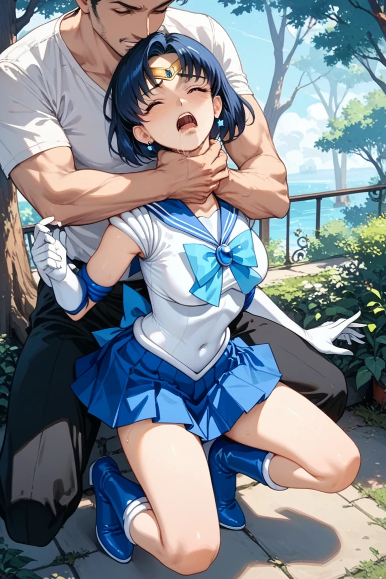 (Images of a clothed man and a woman having sex）、（Greenish indigo hair、Bobcut、Curly hair、Red Eyes、20-year-old women、Policewoman Uniform、Black fabric choker、Drooling、Tears flowing、Drug addiction、Sweaty、Wound on arm、）、Anatomically correct、((Sexual intercourse))。((Adult content))、2 people、high quality、（Pills and condoms scattered on the floor）Sex images、((Drug addiction))