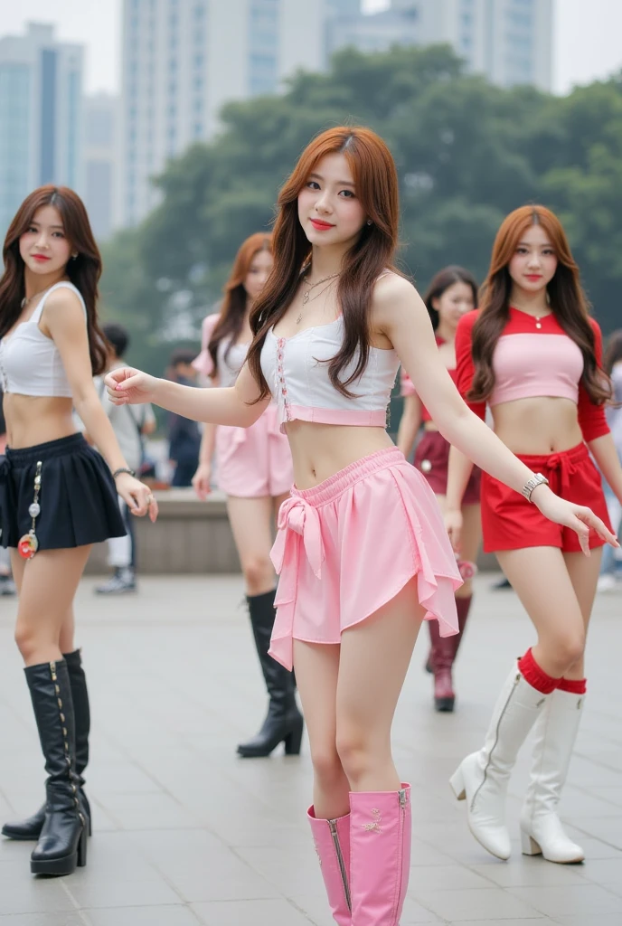 (((One Shoulder Mesh Girls Clothing))),(((Dynamic poses))),(((Mid-abdomen peek))),(((Show under chest ))),(((Pink and White Mini Skirt Lift))),(((Bare inner thighs))),(((Formula One car on display))),ulzzang-6500-v1.1, (original photo:1.2), (Photo-realistic:1.4), A beautiful and delicate girl, Extremely detailed eyes and face, Beautiful and delicate eyes, Ultra Detailed, high resolution, Top quality,masterpiece, Very detailed, 8K Wallpaper, wonderful, Fine details, Top quality, There is light on the face,light,1 girl in,(Car race track),beautiful eyes,Smile,open mouth
