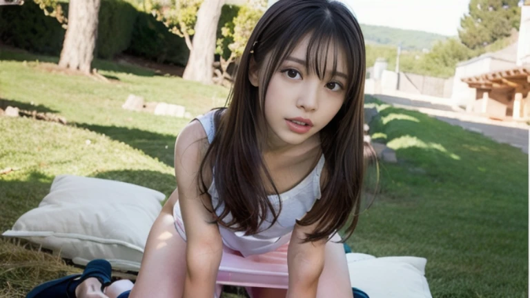 ​masterpiece、Extremely small underwear、22-year-old woman、slightly larger breasts、(poneyTail）、(((small head:1.4)))、cute little、River in the background、Open your legs wide to show your crotch、Stand on one knee、(A dark-haired)、(Raw photography:1.2)、(Photorealsitic:1.4)、A smile、embarrassed from、showing your whole body、Lace white underwear、(((Wet pubic area shows through)))、(((Wet and nipples show through)))、Textured skin、extremely detailed eye and face、二重まぶた、(Increase the beauty of skin texture:1.1)、hight resolution、8k wallpaper、电影灯光