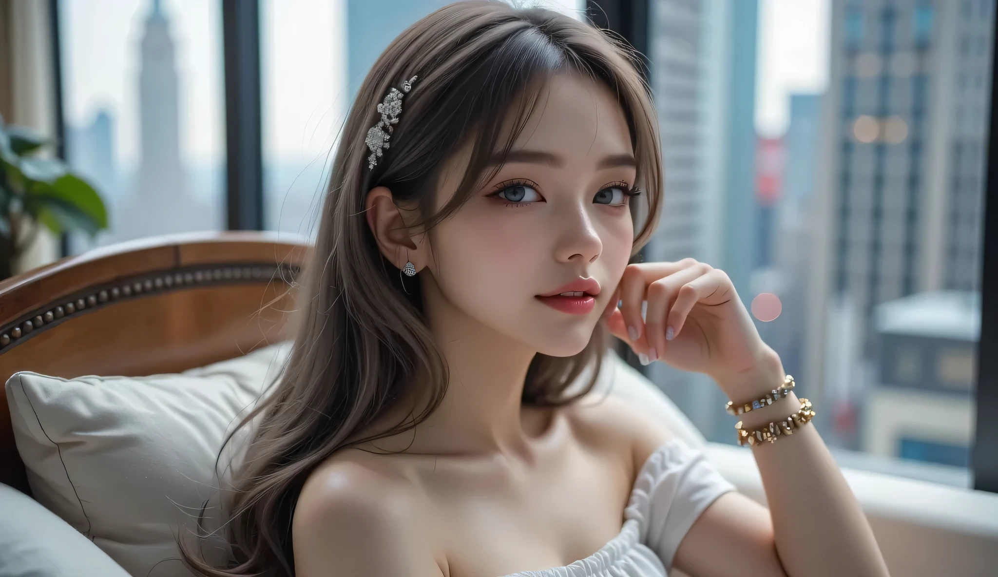 Beautiful urban college girl、masterpiece、light makeup、Red lips、Silver Hair、Disheveled long hair、Background of the cityscape、beautifully、elegant。 Extremely fine detail、masterpiece、Authentic texture、Realism in film lighting、Perfect job、16k、HD 、Exquisite facial features、blue eyes、Japanese Idols、Beautiful Face、Cute smile、brown hair、Beautiful Hair、glamorous、Big Breasts、Big Breasts、Big Breasts、Cleavage,Erect nipples、Greasy muscles、Glowing Skin、Sunburn、Shining Brown Skin、 Wearing a sexy camisole、Viewed from the front、Big and patchy eyes、Smooth skin、Earrings、necklace、Tattoo