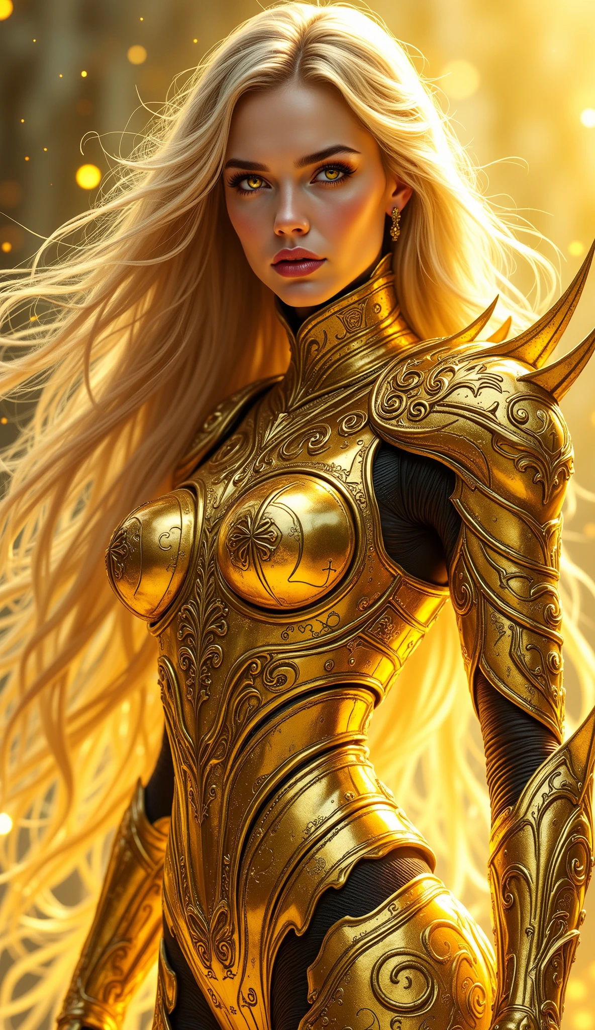 A stunning illustration of Anime style, featuring a gorgeous and alluring blonde-haired female evil mastermind wearing a golden full face mask and a tight, skin-hugging white bodysuit with ornate golden trim, exuding confidence and menace. The villain's curves are accentuated by the sleek, metallic sheen of the bodysuit, which contrasts with the soft, delicate features of her face, creating an intriguing paradox. The costumed hero, worn and exhausted, hangs chained and helpless.