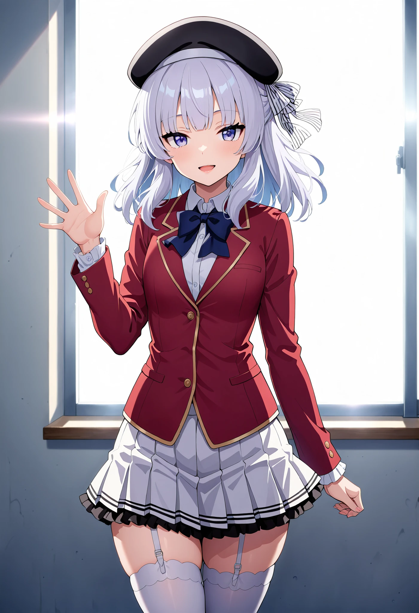 1girl, sakayanagi arisu, school uniform,, best quality, masterpiece, high quality, highres, absurdres ,cowboy shot, walking ,morning ,glossy lips ,smile , open mouth ,waving