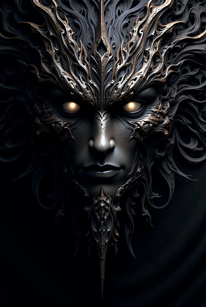 Create a body over an African mask with the colors black , orange,brown and red with dark background