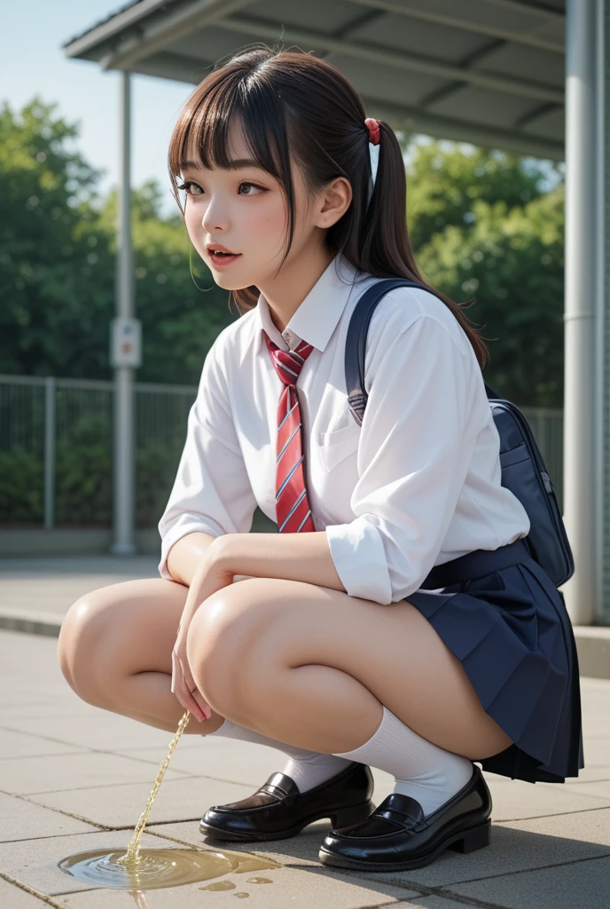 alone,solo,underwear, photo of a 20 year old woman, cute, panties,chinese woman ((kpop idol)), small,small breasts,flat breasts,round glasses,full body,anger,lace panties, sitting, panty shot, spread legs, skirt, school uniform, light blue panties, socks, black hair, shirt, blurred, blurry background, blue shirt, loafers, realistic, short hair, lips, Brown eyes, black socks, bow tie, pleated skirt, bow, headrest, sideways, outdoors, brown footwear, masterpiece, top quality, ultra detail