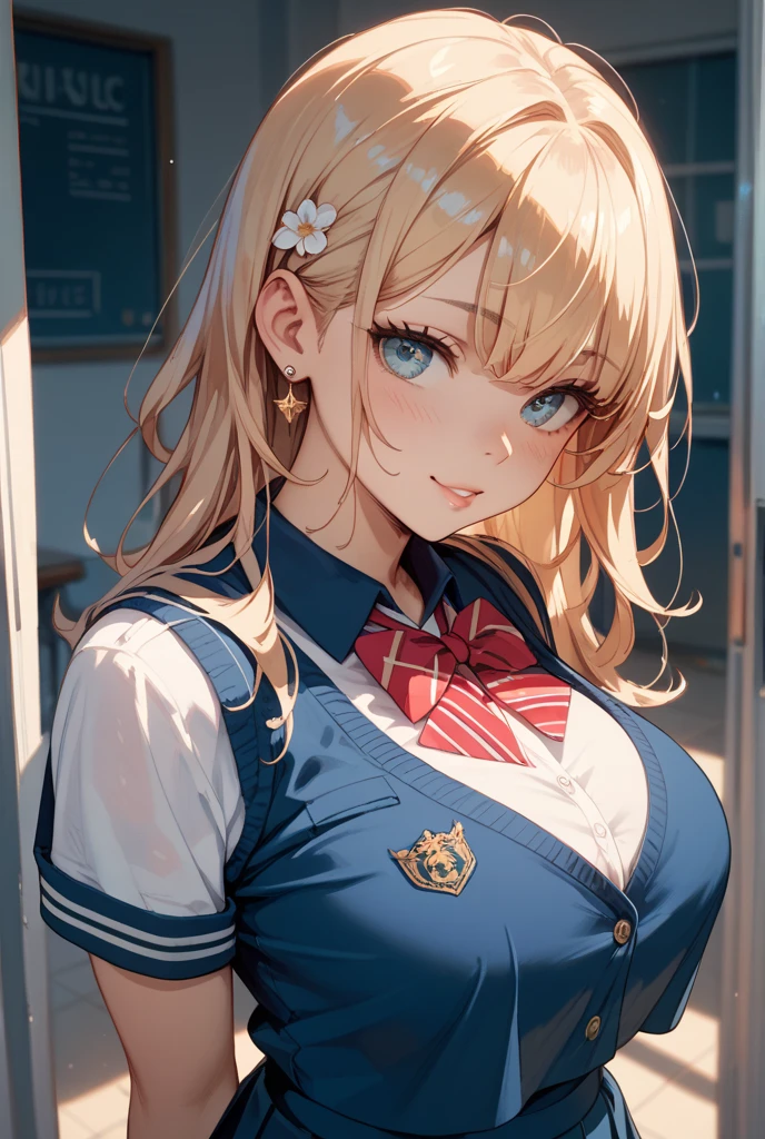 Highest quality, Highest quality, 16K, Unbelievably absurd, Very detailed, 2.5D, delicate and dynamic, School, Schoolyard, after school, sunset, Vivid sky, 小さなかすかな光と色Vivid sky気, School bag, Small face, Very delicate facial expressions, Delicate eye depiction, Upper body close-up,, erotic, dynamic sexy poses, One sexy woman, Healthy body shape, 16-year-old female, student, Height: 170cm, big firm bouncing busts, Deep cleavage, blonde long hair, twin tail, Landscape, Looking back towards the camera, Looking up, Navy blue blazer, White shirt, Green skirt, knee high socks, Brown Loafers, Schoolyardに一人で立っている