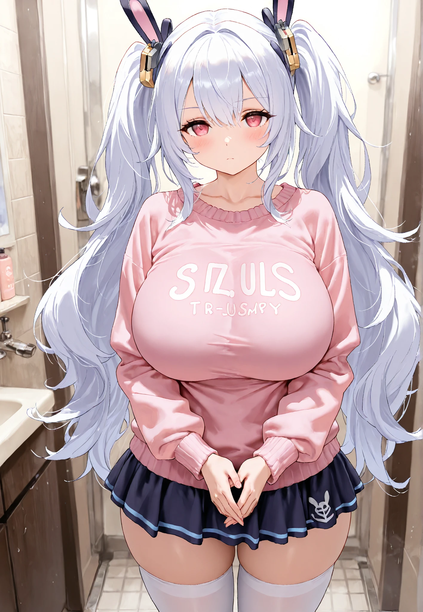 clothes tug,1girl, track jacket, white shirt,<lora:HardZippingV1:1>,thighs, large breasts, sweat,blush,trembling, <lora:IrisHeart:0.8>,irisx,