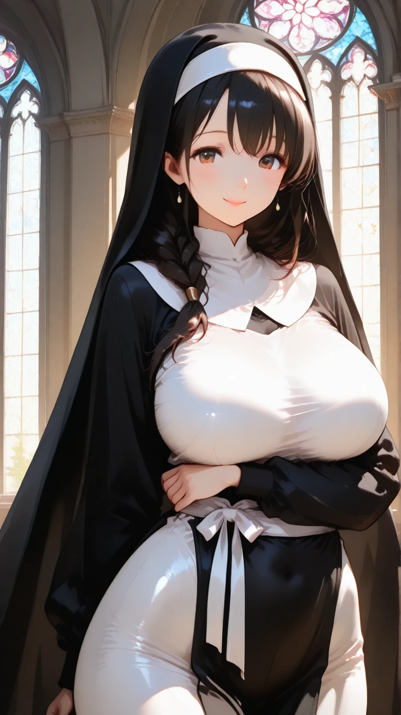 Mommy curly black hair with green eyes with very big and huge breasts dressed as a nun with a bra