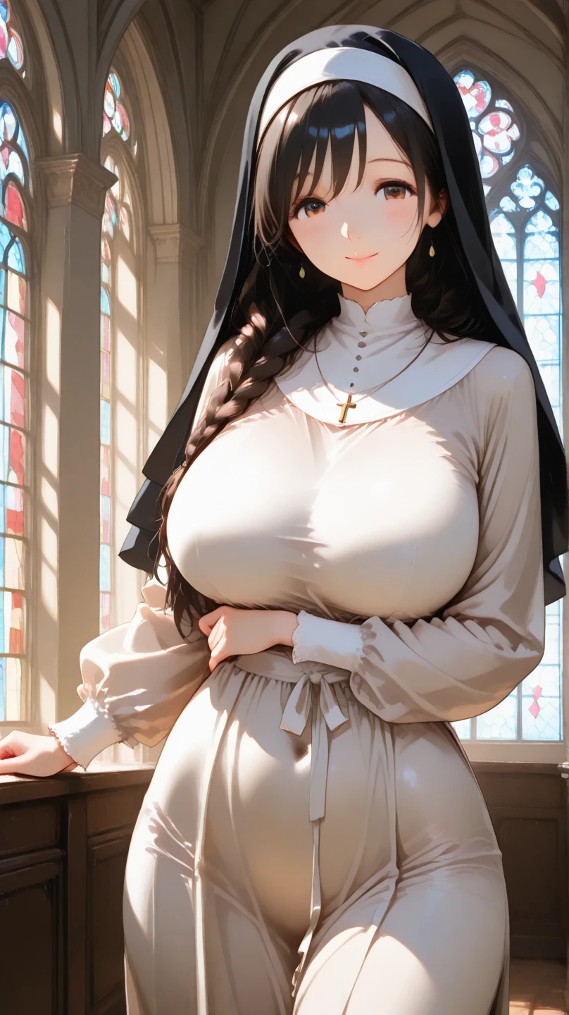 (Masterpiece, Young Nun), (High Quality, Spiritual Figure), (Female Character, Religious Icon), (Detailed Attire, Habit), (Nun's Veil, Covered Head), (Bare Neckline, Modest Plunge), (Natural Complexion, Radiant Skin), (Soft Lighting, Holy Sanctuary), (Realistic Texture, Fabric Wrinkles), (Deep Focus, Close-up Portrait), (Young Face, Innocent Expression), (Hands, Holding Rosary Beads), (Gazing into the Distance, Contemplating), (Serene Environment, Monastery), fully clothed, covered breasts, covered areola, covered nipples