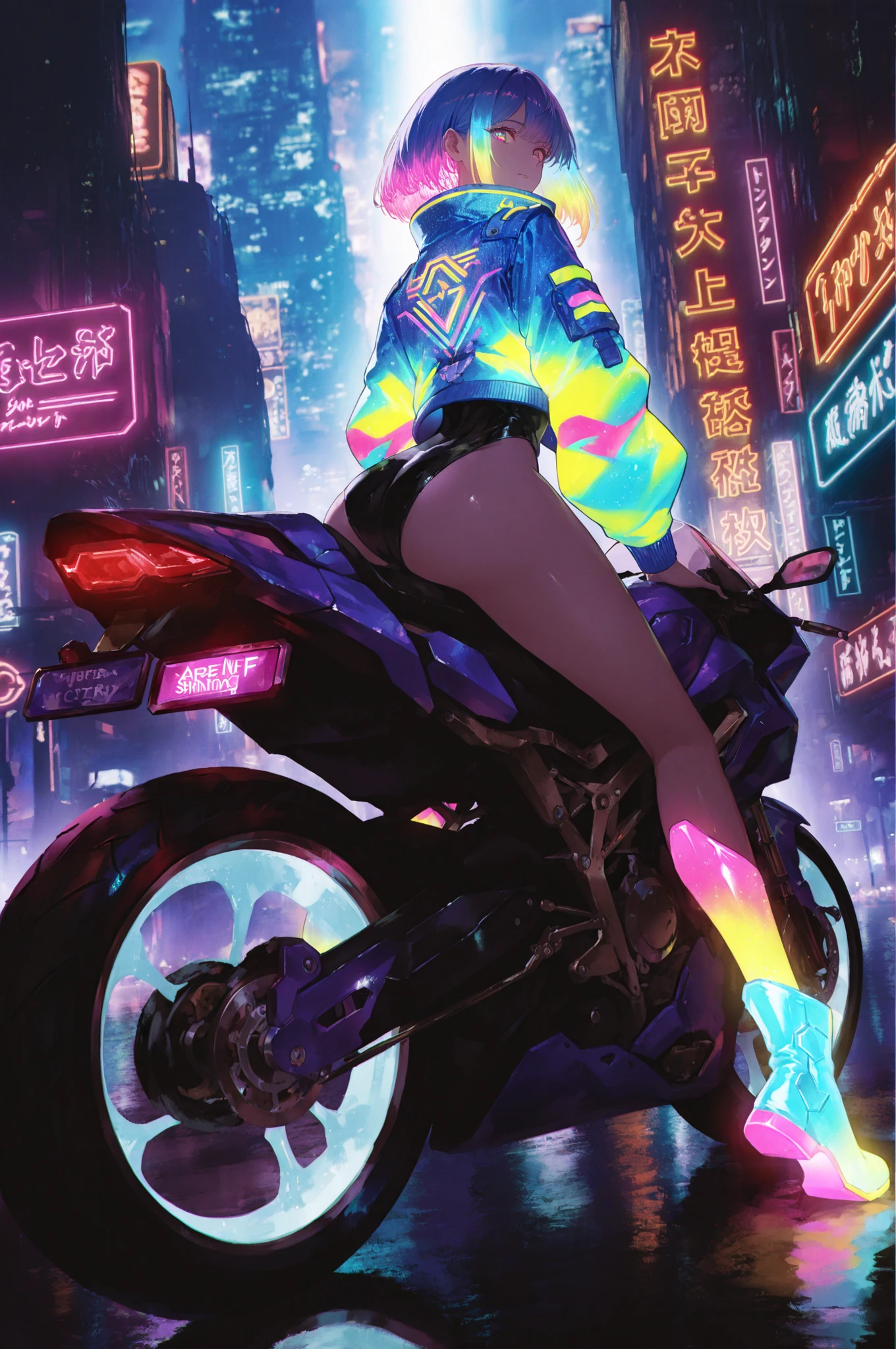 multicolored eyes, colourful glowing hair, wearing sci-fi jacket, anime style, high detail, Futurism, glowing light, UHD, retina, masterpiece, ccurate, anatomically correct, textured jacket, super detail, high details, high quality, award winning, best quality, highres,full body,glowing boots,looking back,cyberpunk city, the neon lights are shining,riding a cyberpunked bike with multicolor stripes