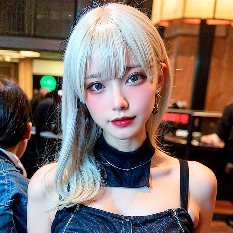 (Absurd, 8k, RAW Photos, highest quality, masterpiece, Super detailed:1.2) (Realistic:1.4) Soft Light, Depth of written boundary (close, From below) Blurred Background, Bokeh Break 1 Very cute Japanese girl, cute, 20-year-old (Highly detailed face, Shining Eyes:1.2) Detailed blonde curly hair, False eyelashes, Skin Texture, Looking up at the viewer,Captivating smile, ???????????, Big ???, ???? sculpture pose, Tilt your head, Perfect limbs (Silver Glitter T-shirt:1.5) Cleavage, (????? peeking, Skirt flip:1.5) (?????????), Earrings, Spread your legs, stockings, ????????????? clothes, Blake Gold Accessories, Gold earrings, Nightclub, dark, neon