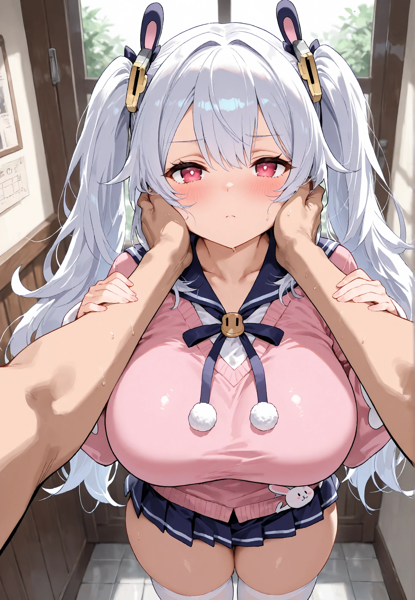 (masutepiece), Best Quality,(masterpiece:1.4), (1girl in:Sit on a man), (1boy:grabbing on breasts), (vaginal), , ((cowgirl position)), (1boy:Grabbing a woman's breasts), ((POV)), pov hand, completely , Indoors, (motion blur:1.3)(gold hair), (side ponytail), (straight hair), (bangs pinned back), (ahoge), (sheep horn), (silver eyes)