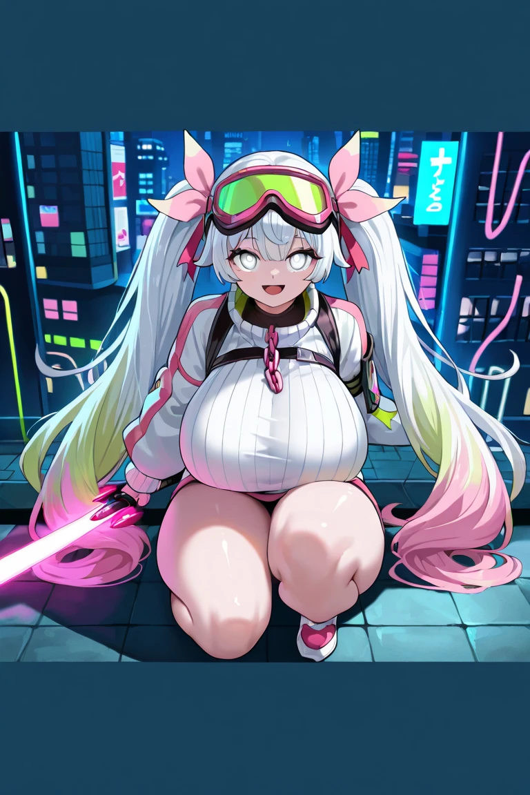 Best Quality, Masterpiece, Ultra High Resolution, (Realisticity: 1.9), Original Photo, obese 1Girl, Bare Shoulder, Close Up, Asian, Outdoor, Playground, Movie Lighting , bangs, bodysuit, breasts, covered navel, cropped jacket, gloves, headphones, impossible obese bodysuit, jacket, large breasts, long hair, long sleeves , medium breasts, parted lips, pink bodysuit, pink eyes, pink hair, puffy sleeves, red jacket, shrug \(clothing\), skin tight, solo, twintails,alice \(nikke\),(masterpiece:1.4),(best quality:1.4),(shiny skin),realistic