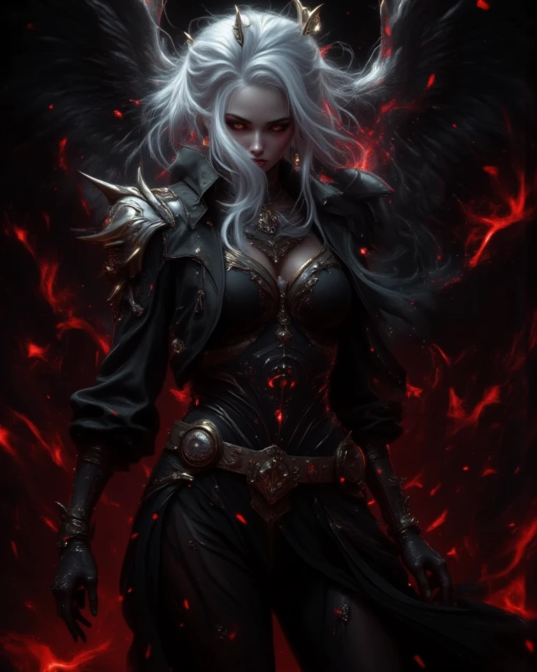 Woman. Black medieval armor. Neve . fire . white hair. eerie glowing red eyes . Red moon in the background . crown on head . on his knees . tattooed