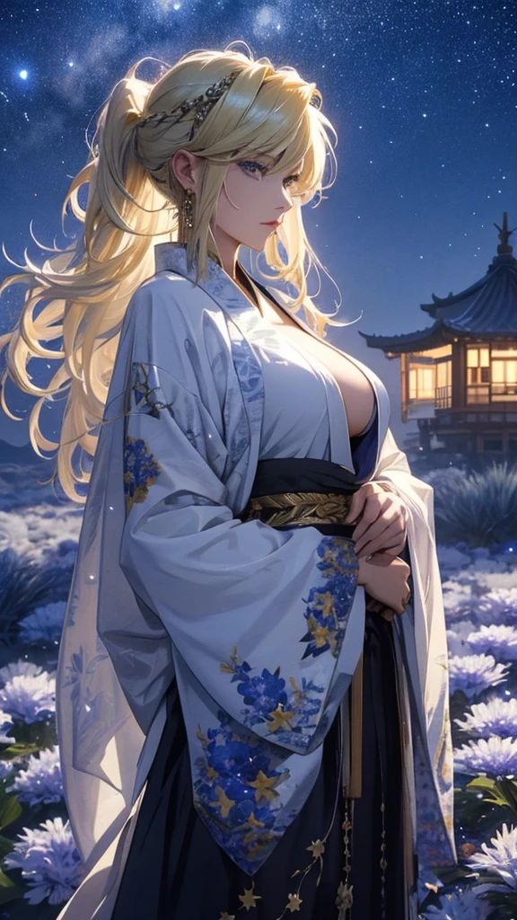 masterpiece, high quality, 4K, Beautiful design, silhouette，Blonde， 非常に詳細な夜のStarry Sky,Flower Field， wonderful, Finer details,  Very knowledgeable woman, Highly detailed solo, 1 female,Cat ear，Big Breasts，kimono，Night view，Starry Sky，full moon，