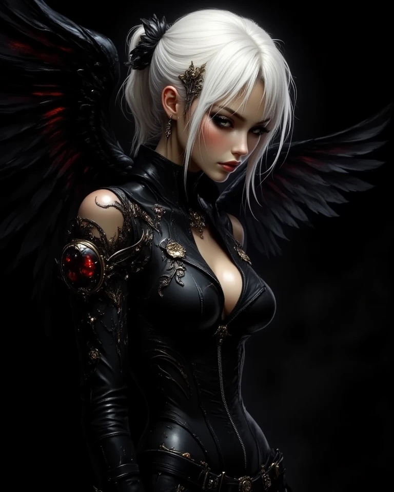 The lady of justice, blindfolded woman, angel wings, holding scales, ink art, stylistic, ultra detailed