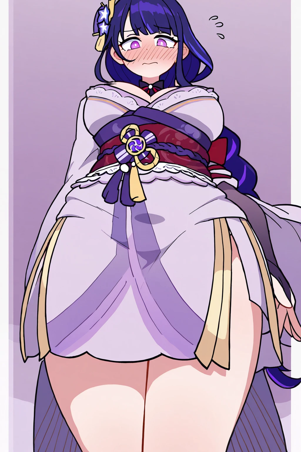 (masterpiece, best quality:1.3), Fisting Madam, Soft Lineart, 1girl, solo, looking at viewer, blushing, sweating, simple background, seductive smile, wide hips, cowboy shot, large breasts, mature female, closed mouth, thick thighs, <lora:Fisting Madam Style Lora:.8>, raiden shogun \(genshin impact\), kimono, unbuttoned, collarbone, bare shoulders, purple eyes, purple hair, hair ornament, long hair, cleavage, <lora:raiden shogun_LoRA:.8>